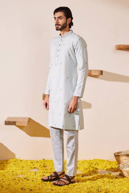 Buy_Shreyansh Designs_Blue Cotton, Silk Embroidery Clover Motif Thread Kurta Set _Online_at_Aza_Fashions