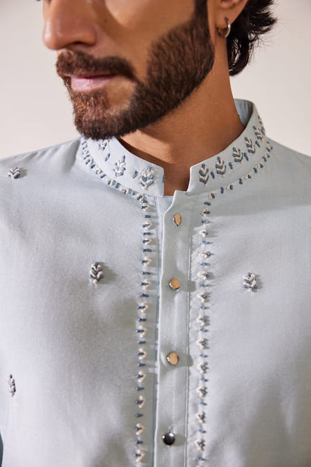 Shop_Shreyansh Designs_Blue Cotton, Silk Embroidery Clover Motif Thread Kurta Set _Online_at_Aza_Fashions