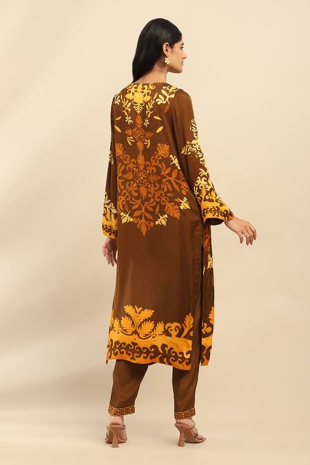 Shop Ritu Kumar, Ri.Ritu Kumar, aarke Ritu Kumar Brown Polyester, Rayon Embroidery Round Neck Botanical Print Kurta Set at Aza Fashions Shop_Ritu Kumar, Ri.Ritu Kumar, aarke Ritu Kumar_Brown Polyester, Rayon Embroidery Round Neck Botanical Print Kurta Set_at_Aza_Fashions