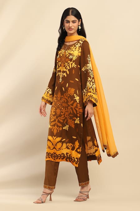 Ritu Kumar, Ri.Ritu Kumar, aarke Ritu Kumar Brown Polyester, Rayon Embroidery Round Neck Botanical Print Kurta Set Online at Aza Fashions Ritu Kumar, Ri.Ritu Kumar, aarke Ritu Kumar_Brown Polyester, Rayon Embroidery Round Neck Botanical Print Kurta Set_Online_at_Aza_Fashions