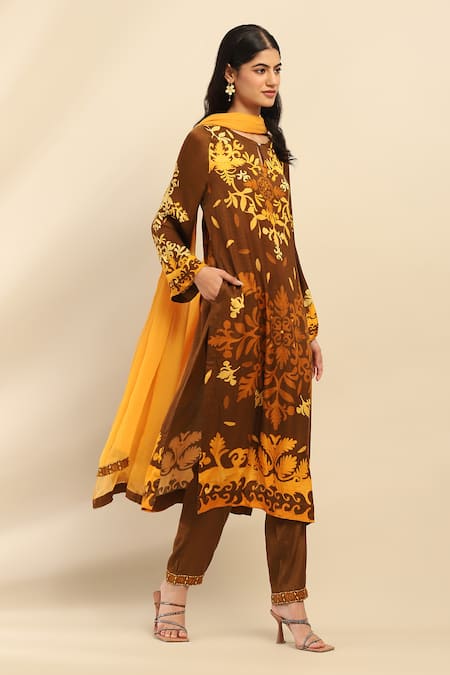 Buy Ritu Kumar, Ri.Ritu Kumar, aarke Ritu Kumar Brown Polyester, Rayon Embroidery Round Neck Botanical Print Kurta Set Online at Aza Fashions Buy_Ritu Kumar, Ri.Ritu Kumar, aarke Ritu Kumar_Brown Polyester, Rayon Embroidery Round Neck Botanical Print Kurta Set_Online_at_Aza_Fashions
