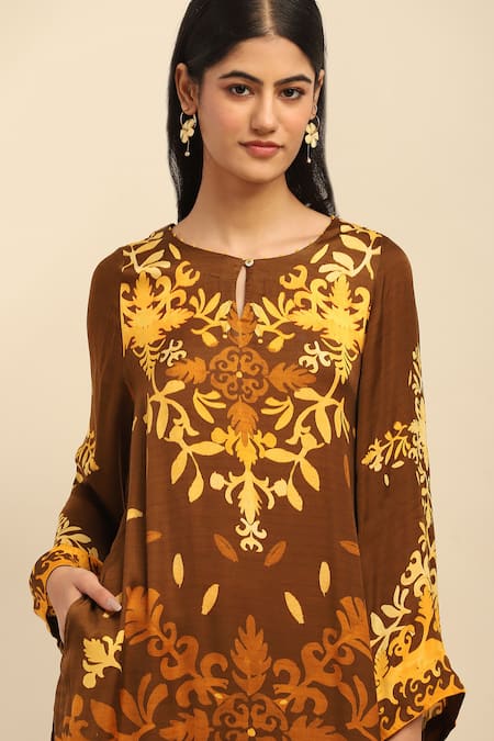 Shop Ritu Kumar, Ri.Ritu Kumar, aarke Ritu Kumar Brown Polyester, Rayon Embroidery Round Neck Botanical Print Kurta Set Online at Aza Fashions Shop_Ritu Kumar, Ri.Ritu Kumar, aarke Ritu Kumar_Brown Polyester, Rayon Embroidery Round Neck Botanical Print Kurta Set_Online_at_Aza_Fashions