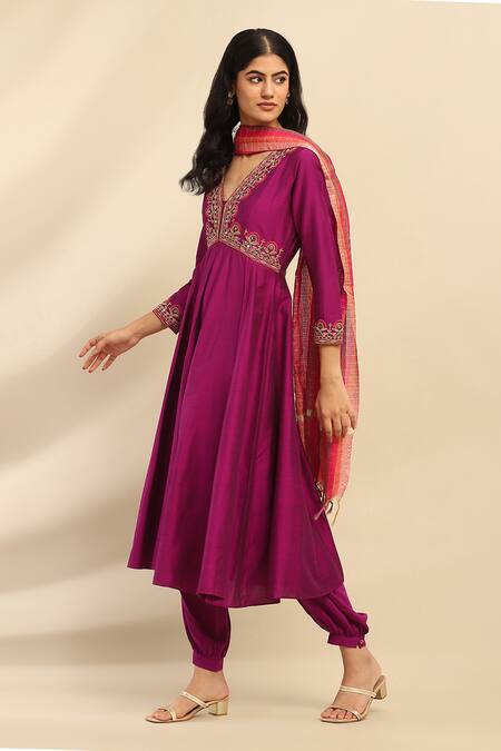 Ritu Kumar, Ri.Ritu Kumar, aarke Ritu Kumar_Purple Cotton, Rayon, Viscose Embroidery Embellished Anarkali Set With Dupatta_Online_at_Aza_Fashions