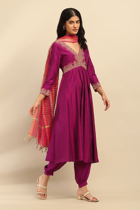 Buy_Ritu Kumar, Ri.Ritu Kumar, aarke Ritu Kumar_Purple Cotton, Rayon, Viscose Embroidery Embellished Anarkali Set With Dupatta_Online_at_Aza_Fashions