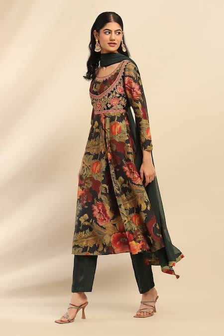 Ritu Kumar, Ri.Ritu Kumar, aarke Ritu Kumar_Green Polyester, Viscose Embroidery Round Neck Floral Printed Anarkali Set_Online_at_Aza_Fashions