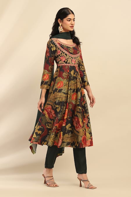 Buy_Ritu Kumar, Ri.Ritu Kumar, aarke Ritu Kumar_Green Polyester, Viscose Embroidery Round Neck Floral Printed Anarkali Set_Online_at_Aza_Fashions