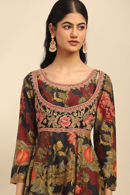 Shop_Ritu Kumar, Ri.Ritu Kumar, aarke Ritu Kumar_Green Polyester, Viscose Embroidery Round Neck Floral Printed Anarkali Set_Online_at_Aza_Fashions