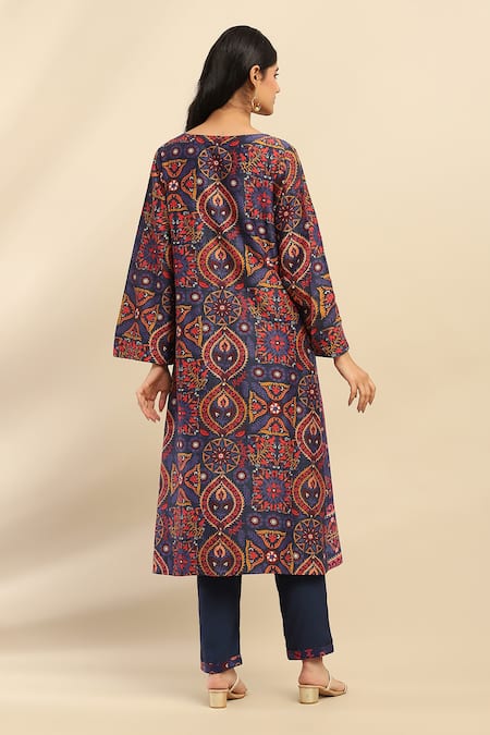 Shop Ritu Kumar, Ri.Ritu Kumar, aarke Ritu Kumar Blue Polyester, Chanderi Embroidery Round Neck Botanical Printed Kurta Set at Aza Fashions Shop_Ritu Kumar, Ri.Ritu Kumar, aarke Ritu Kumar_Blue Polyester, Chanderi Embroidery Round Neck Botanical Printed Kurta Set_at_Aza_Fashions