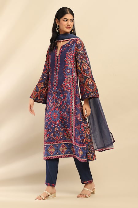 Ritu Kumar, Ri.Ritu Kumar, aarke Ritu Kumar Blue Polyester, Chanderi Embroidery Round Neck Botanical Printed Kurta Set Online at Aza Fashions Ritu Kumar, Ri.Ritu Kumar, aarke Ritu Kumar_Blue Polyester, Chanderi Embroidery Round Neck Botanical Printed Kurta Set_Online_at_Aza_Fashions