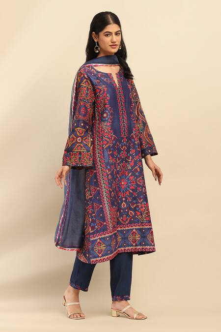 Buy Ritu Kumar, Ri.Ritu Kumar, aarke Ritu Kumar Blue Polyester, Chanderi Embroidery Round Neck Botanical Printed Kurta Set Online at Aza Fashions Buy_Ritu Kumar, Ri.Ritu Kumar, aarke Ritu Kumar_Blue Polyester, Chanderi Embroidery Round Neck Botanical Printed Kurta Set_Online_at_Aza_Fashions