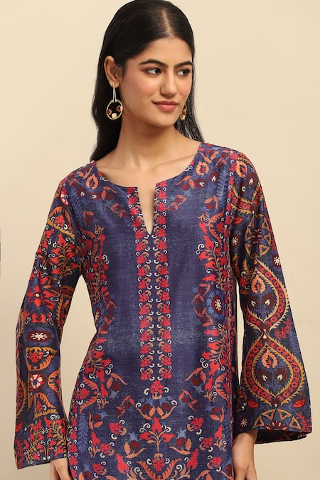 Shop Ritu Kumar, Ri.Ritu Kumar, aarke Ritu Kumar Blue Polyester, Chanderi Embroidery Round Neck Botanical Printed Kurta Set Online at Aza Fashions Shop_Ritu Kumar, Ri.Ritu Kumar, aarke Ritu Kumar_Blue Polyester, Chanderi Embroidery Round Neck Botanical Printed Kurta Set_Online_at_Aza_Fashions