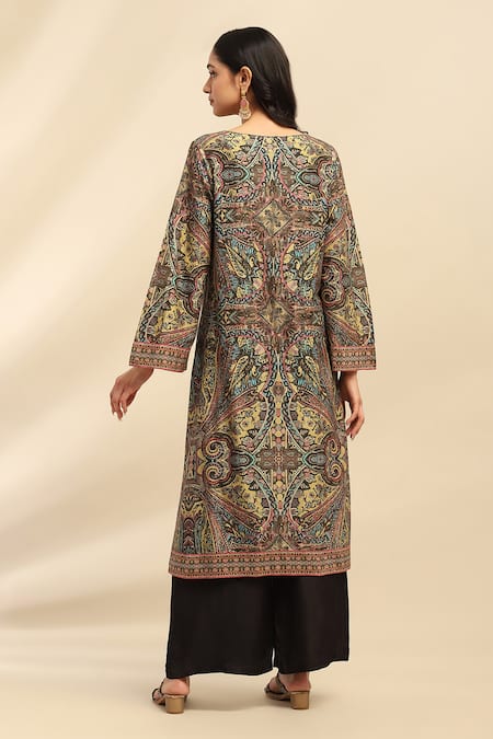 Shop Ritu Kumar, Ri.Ritu Kumar, aarke Ritu Kumar Black Cotton, Polyester Round Neck Botanical Print Kurta Set at Aza Fashions Shop_Ritu Kumar, Ri.Ritu Kumar, aarke Ritu Kumar_Black Cotton, Polyester Round Neck Botanical Print Kurta Set_at_Aza_Fashions