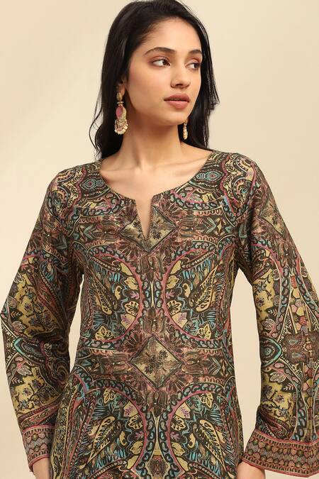 Shop Ritu Kumar, Ri.Ritu Kumar, aarke Ritu Kumar Black Cotton, Polyester Round Neck Botanical Print Kurta Set Online at Aza Fashions Shop_Ritu Kumar, Ri.Ritu Kumar, aarke Ritu Kumar_Black Cotton, Polyester Round Neck Botanical Print Kurta Set_Online_at_Aza_Fashions