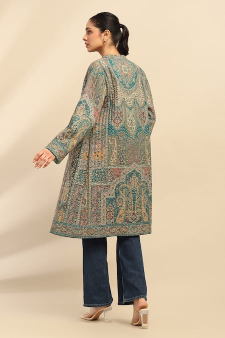 Shop Ritu Kumar, Ri.Ritu Kumar, aarke Ritu Kumar Green Polyester Jacquard Printed Paisley Band Collar Long Coat at Aza Fashions Shop_Ritu Kumar, Ri.Ritu Kumar, aarke Ritu Kumar_Green Polyester Jacquard Printed Paisley Band Collar Long Coat_at_Aza_Fashions