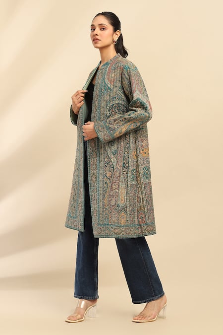 Ritu Kumar, Ri.Ritu Kumar, aarke Ritu Kumar Green Polyester Jacquard Printed Paisley Band Collar Long Coat Online at Aza Fashions Ritu Kumar, Ri.Ritu Kumar, aarke Ritu Kumar_Green Polyester Jacquard Printed Paisley Band Collar Long Coat_Online_at_Aza_Fashions