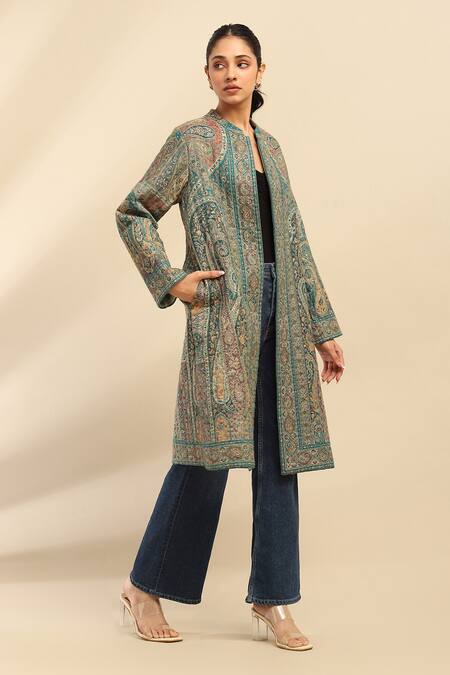 Buy Ritu Kumar, Ri.Ritu Kumar, aarke Ritu Kumar Green Polyester Jacquard Printed Paisley Band Collar Long Coat Online at Aza Fashions Buy_Ritu Kumar, Ri.Ritu Kumar, aarke Ritu Kumar_Green Polyester Jacquard Printed Paisley Band Collar Long Coat_Online_at_Aza_Fashions