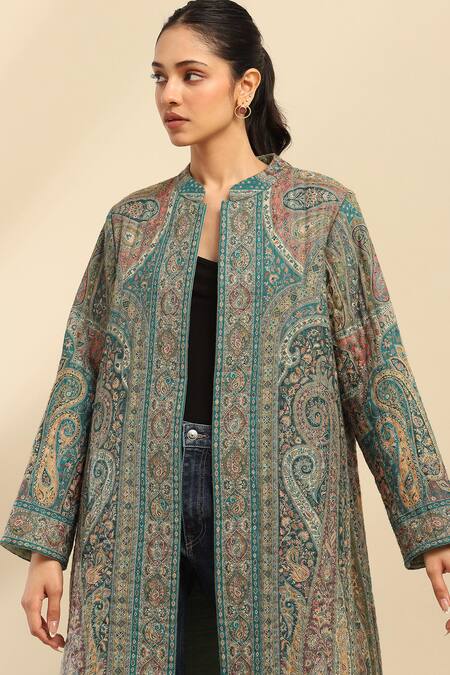 Shop Ritu Kumar, Ri.Ritu Kumar, aarke Ritu Kumar Green Polyester Jacquard Printed Paisley Band Collar Long Coat Online at Aza Fashions Shop_Ritu Kumar, Ri.Ritu Kumar, aarke Ritu Kumar_Green Polyester Jacquard Printed Paisley Band Collar Long Coat_Online_at_Aza_Fashions