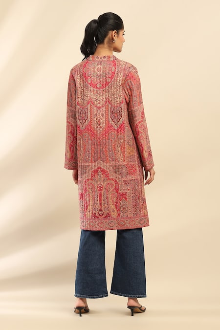 Shop Ritu Kumar, Ri.Ritu Kumar, aarke Ritu Kumar Pink Polyester Jacquard Printed Paisley Band Collar Coat at Aza Fashions Shop_Ritu Kumar, Ri.Ritu Kumar, aarke Ritu Kumar_Pink Polyester Jacquard Printed Paisley Band Collar Coat_at_Aza_Fashions