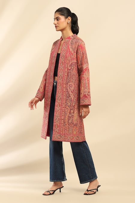 Ritu Kumar, Ri.Ritu Kumar, aarke Ritu Kumar Pink Polyester Jacquard Printed Paisley Band Collar Coat Online at Aza Fashions Ritu Kumar, Ri.Ritu Kumar, aarke Ritu Kumar_Pink Polyester Jacquard Printed Paisley Band Collar Coat_Online_at_Aza_Fashions