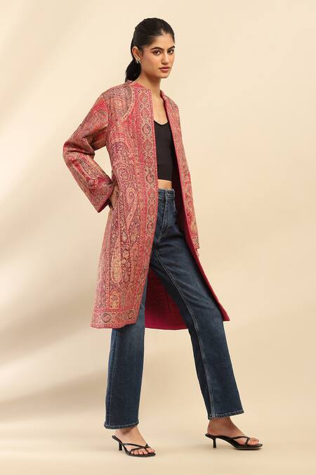 Buy Ritu Kumar, Ri.Ritu Kumar, aarke Ritu Kumar Pink Polyester Jacquard Printed Paisley Band Collar Coat Online at Aza Fashions Buy_Ritu Kumar, Ri.Ritu Kumar, aarke Ritu Kumar_Pink Polyester Jacquard Printed Paisley Band Collar Coat_Online_at_Aza_Fashions
