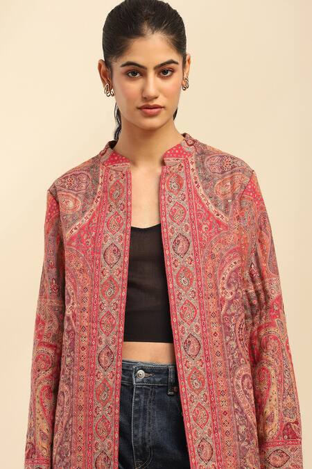 Shop Ritu Kumar, Ri.Ritu Kumar, aarke Ritu Kumar Pink Polyester Jacquard Printed Paisley Band Collar Coat Online at Aza Fashions Shop_Ritu Kumar, Ri.Ritu Kumar, aarke Ritu Kumar_Pink Polyester Jacquard Printed Paisley Band Collar Coat_Online_at_Aza_Fashions