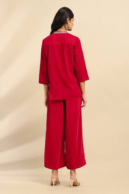 Shop Ritu Kumar, Ri.Ritu Kumar, aarke Ritu Kumar Magenta Polyester Embroidery Bandeau Neck Floral Top And Palazzo Set at Aza Fashions Shop_Ritu Kumar, Ri.Ritu Kumar, aarke Ritu Kumar_Magenta Polyester Embroidery Bandeau Neck Floral Top And Palazzo Set_at_Aza_Fashions