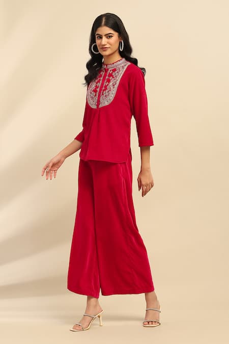 Ritu Kumar, Ri.Ritu Kumar, aarke Ritu Kumar Magenta Polyester Embroidery Bandeau Neck Floral Top And Palazzo Set Online at Aza Fashions Ritu Kumar, Ri.Ritu Kumar, aarke Ritu Kumar_Magenta Polyester Embroidery Bandeau Neck Floral Top And Palazzo Set_Online_at_Aza_Fashions