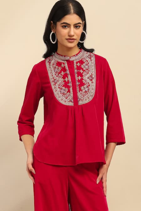 Ritu Kumar, Ri.Ritu Kumar, aarke Ritu Kumar Magenta Polyester Embroidery Bandeau Neck Floral Top And Palazzo Set at Aza Fashions Ritu Kumar, Ri.Ritu Kumar, aarke Ritu Kumar_Magenta Polyester Embroidery Bandeau Neck Floral Top And Palazzo Set_at_Aza_Fashions