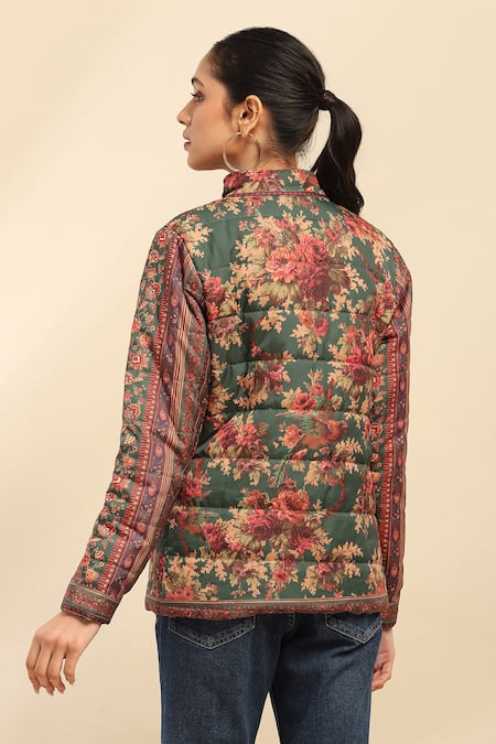 Shop Ritu Kumar, Ri.Ritu Kumar, aarke Ritu Kumar Green Poly Taffeta Printed Floral Band Collar Jacket at Aza Fashions Shop_Ritu Kumar, Ri.Ritu Kumar, aarke Ritu Kumar_Green Poly Taffeta Printed Floral Band Collar Jacket_at_Aza_Fashions