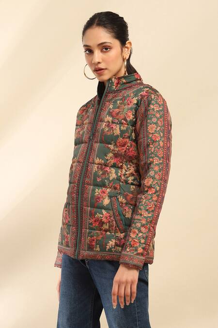 Ritu Kumar, Ri.Ritu Kumar, aarke Ritu Kumar Green Poly Taffeta Printed Floral Band Collar Jacket Online at Aza Fashions Ritu Kumar, Ri.Ritu Kumar, aarke Ritu Kumar_Green Poly Taffeta Printed Floral Band Collar Jacket_Online_at_Aza_Fashions