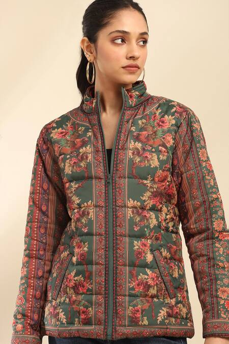 Shop Ritu Kumar, Ri.Ritu Kumar, aarke Ritu Kumar Green Poly Taffeta Printed Floral Band Collar Jacket Online at Aza Fashions Shop_Ritu Kumar, Ri.Ritu Kumar, aarke Ritu Kumar_Green Poly Taffeta Printed Floral Band Collar Jacket_Online_at_Aza_Fashions