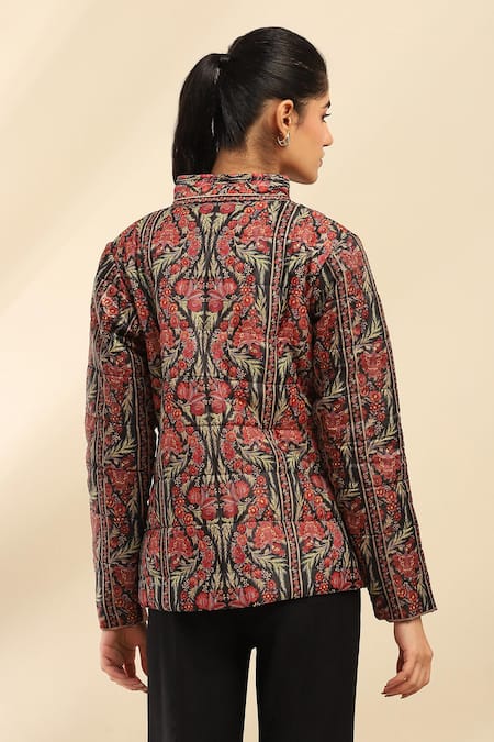 Shop Ritu Kumar, Ri.Ritu Kumar, aarke Ritu Kumar Black Poly Taffeta Printed Floral Band Collar Jacket at Aza Fashions Shop_Ritu Kumar, Ri.Ritu Kumar, aarke Ritu Kumar_Black Poly Taffeta Printed Floral Band Collar Jacket_at_Aza_Fashions