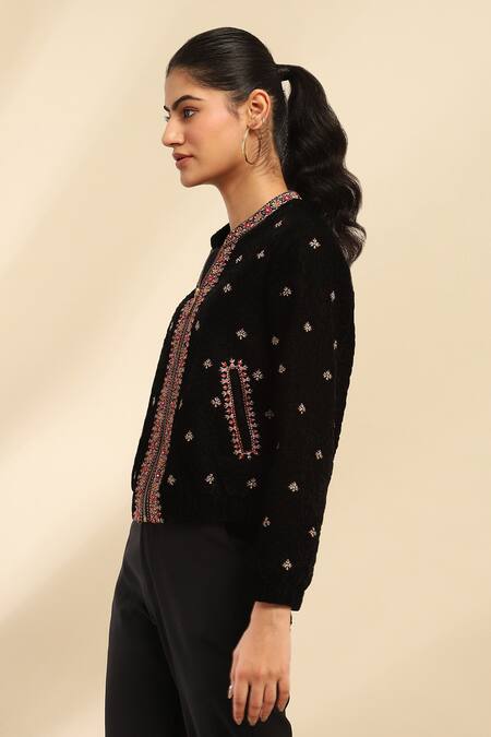 Ritu Kumar, Ri.Ritu Kumar, aarke Ritu Kumar_Black Poly Velvet Embroidered Floral Band Collar Puffer Jacket_Online_at_Aza_Fashions