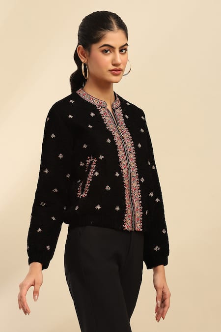 Buy_Ritu Kumar, Ri.Ritu Kumar, aarke Ritu Kumar_Black Poly Velvet Embroidered Floral Band Collar Puffer Jacket_Online_at_Aza_Fashions