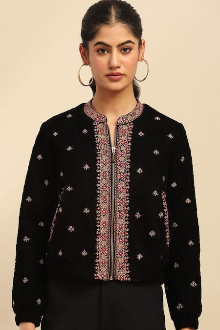 Shop_Ritu Kumar, Ri.Ritu Kumar, aarke Ritu Kumar_Black Poly Velvet Embroidered Floral Band Collar Puffer Jacket_Online_at_Aza_Fashions