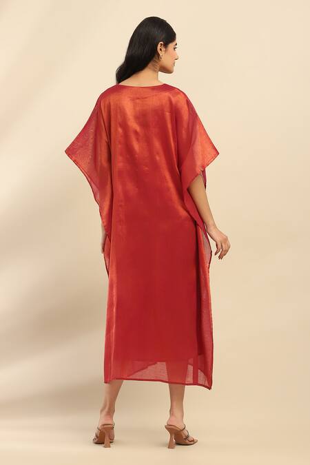 Shop Ritu Kumar, Ri.Ritu Kumar, aarke Ritu Kumar Orange Cotton, Polyester Embroidery V-neck Kaftan Set at Aza Fashions Shop_Ritu Kumar, Ri.Ritu Kumar, aarke Ritu Kumar_Orange Cotton, Polyester Embroidery V-neck Kaftan Set_at_Aza_Fashions