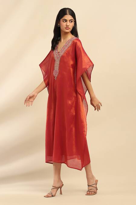 Ritu Kumar, Ri.Ritu Kumar, aarke Ritu Kumar Orange Cotton, Polyester Embroidery V-neck Kaftan Set Online at Aza Fashions Ritu Kumar, Ri.Ritu Kumar, aarke Ritu Kumar_Orange Cotton, Polyester Embroidery V-neck Kaftan Set_Online_at_Aza_Fashions