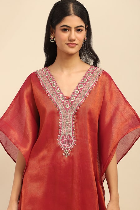 Shop Ritu Kumar, Ri.Ritu Kumar, aarke Ritu Kumar Orange Cotton, Polyester Embroidery V-neck Kaftan Set Online at Aza Fashions Shop_Ritu Kumar, Ri.Ritu Kumar, aarke Ritu Kumar_Orange Cotton, Polyester Embroidery V-neck Kaftan Set_Online_at_Aza_Fashions