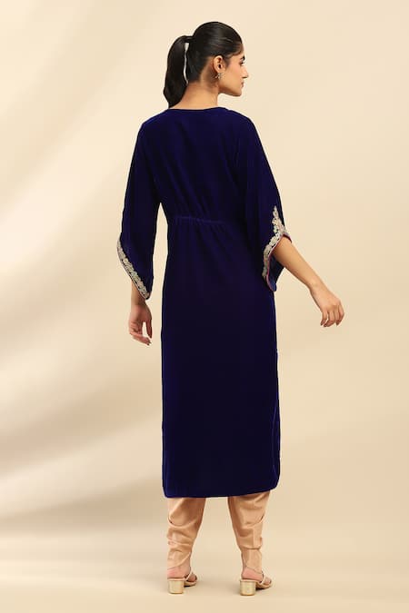 Shop Ritu Kumar, Ri.Ritu Kumar, aarke Ritu Kumar Blue Polyester Embroidery Round Neck Floral Kaftan at Aza Fashions Shop_Ritu Kumar, Ri.Ritu Kumar, aarke Ritu Kumar_Blue Polyester Embroidery Round Neck Floral Kaftan_at_Aza_Fashions