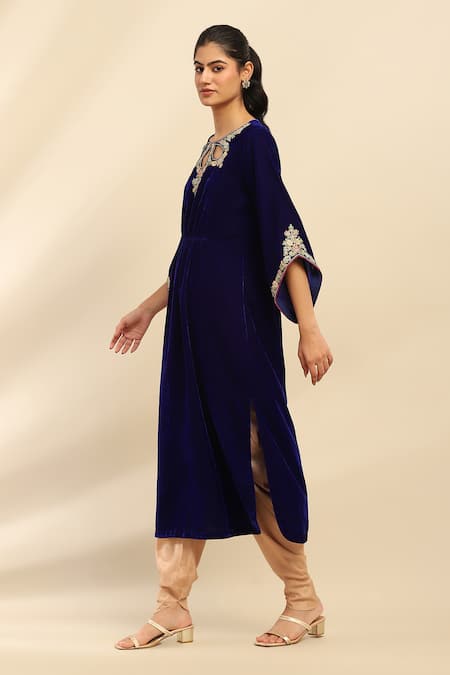 Ritu Kumar, Ri.Ritu Kumar, aarke Ritu Kumar Blue Polyester Embroidery Round Neck Floral Kaftan Online at Aza Fashions Ritu Kumar, Ri.Ritu Kumar, aarke Ritu Kumar_Blue Polyester Embroidery Round Neck Floral Kaftan_Online_at_Aza_Fashions