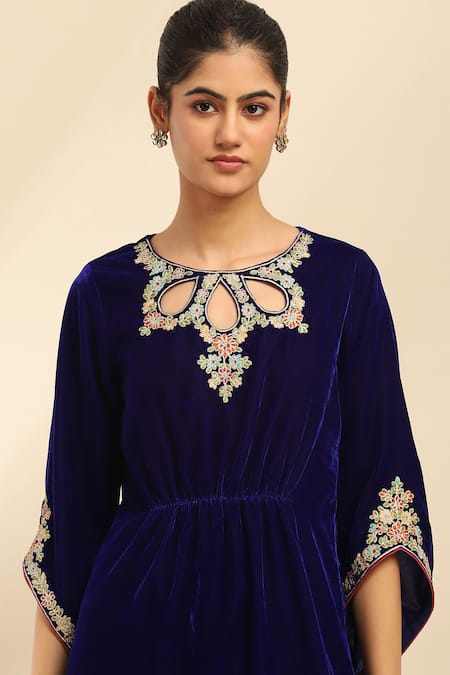 Shop Ritu Kumar, Ri.Ritu Kumar, aarke Ritu Kumar Blue Polyester Embroidery Round Neck Floral Kaftan Online at Aza Fashions Shop_Ritu Kumar, Ri.Ritu Kumar, aarke Ritu Kumar_Blue Polyester Embroidery Round Neck Floral Kaftan_Online_at_Aza_Fashions