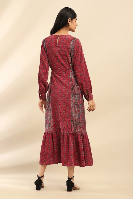 Shop Ritu Kumar, Ri.Ritu Kumar, aarke Ritu Kumar Pink Polyester Round Neck Floral Print Midi Dress at Aza Fashions Shop_Ritu Kumar, Ri.Ritu Kumar, aarke Ritu Kumar_Pink Polyester Round Neck Floral Print Midi Dress_at_Aza_Fashions