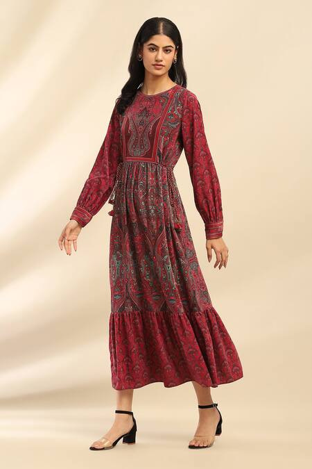 Ritu Kumar, Ri.Ritu Kumar, aarke Ritu Kumar Pink Polyester Round Neck Floral Print Midi Dress Online at Aza Fashions Ritu Kumar, Ri.Ritu Kumar, aarke Ritu Kumar_Pink Polyester Round Neck Floral Print Midi Dress_Online_at_Aza_Fashions