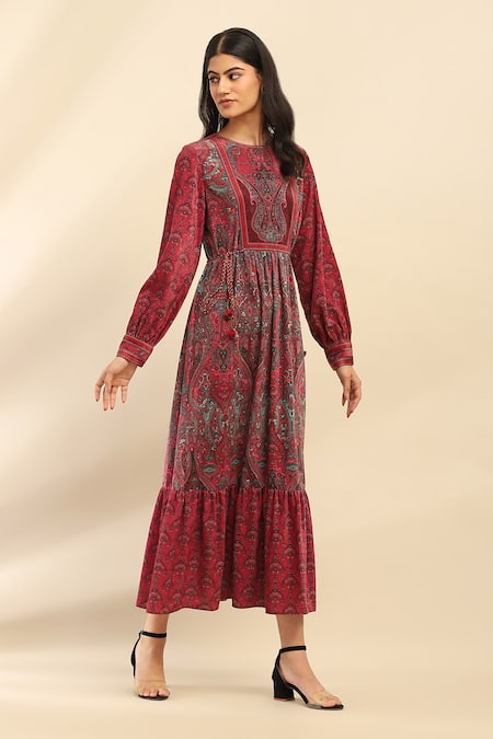 Buy Ritu Kumar, Ri.Ritu Kumar, aarke Ritu Kumar Pink Polyester Round Neck Floral Print Midi Dress Online at Aza Fashions Buy_Ritu Kumar, Ri.Ritu Kumar, aarke Ritu Kumar_Pink Polyester Round Neck Floral Print Midi Dress_Online_at_Aza_Fashions