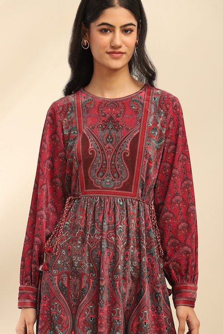 Shop Ritu Kumar, Ri.Ritu Kumar, aarke Ritu Kumar Pink Polyester Round Neck Floral Print Midi Dress Online at Aza Fashions Shop_Ritu Kumar, Ri.Ritu Kumar, aarke Ritu Kumar_Pink Polyester Round Neck Floral Print Midi Dress_Online_at_Aza_Fashions