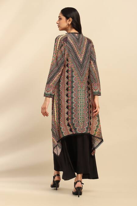 Shop Ritu Kumar, Ri.Ritu Kumar, aarke Ritu Kumar Black Polyester V-, Open Geometric Print Dress And Shrug Set at Aza Fashions Shop_Ritu Kumar, Ri.Ritu Kumar, aarke Ritu Kumar_Black Polyester V-, Open Geometric Print Dress And Shrug Set_at_Aza_Fashions