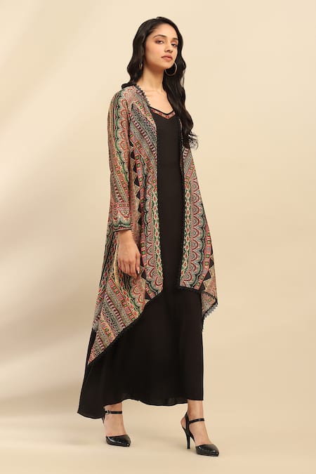 Ritu Kumar, Ri.Ritu Kumar, aarke Ritu Kumar Black Polyester V-, Open Geometric Print Dress And Shrug Set Online at Aza Fashions Ritu Kumar, Ri.Ritu Kumar, aarke Ritu Kumar_Black Polyester V-, Open Geometric Print Dress And Shrug Set_Online_at_Aza_Fashions