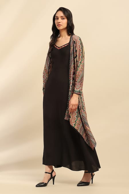 Buy Ritu Kumar, Ri.Ritu Kumar, aarke Ritu Kumar Black Polyester V-, Open Geometric Print Dress And Shrug Set Online at Aza Fashions Buy_Ritu Kumar, Ri.Ritu Kumar, aarke Ritu Kumar_Black Polyester V-, Open Geometric Print Dress And Shrug Set_Online_at_Aza_Fashions
