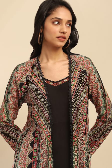 Ritu Kumar, Ri.Ritu Kumar, aarke Ritu Kumar Black Polyester V-, Open Geometric Print Dress And Shrug Set at Aza Fashions Ritu Kumar, Ri.Ritu Kumar, aarke Ritu Kumar_Black Polyester V-, Open Geometric Print Dress And Shrug Set_at_Aza_Fashions