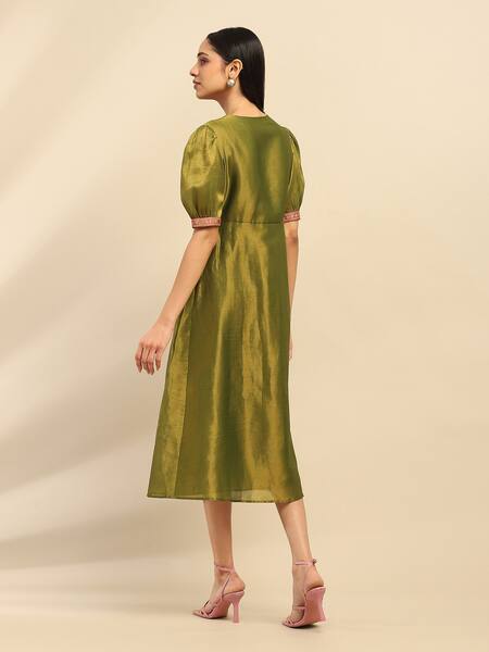 Shop Ritu Kumar, Ri.Ritu Kumar, aarke Ritu Kumar Green Polyester Embroidery V-neck Paisley Midi Dress at Aza Fashions Shop_Ritu Kumar, Ri.Ritu Kumar, aarke Ritu Kumar_Green Polyester Embroidery V-neck Paisley Midi Dress_at_Aza_Fashions